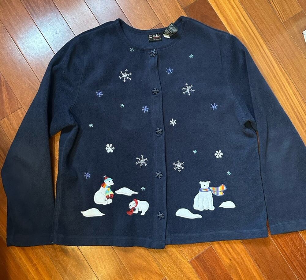 Fleece Holiday Cardigan Blue Polar Bears Snow Christmas Women’s Large Vintage